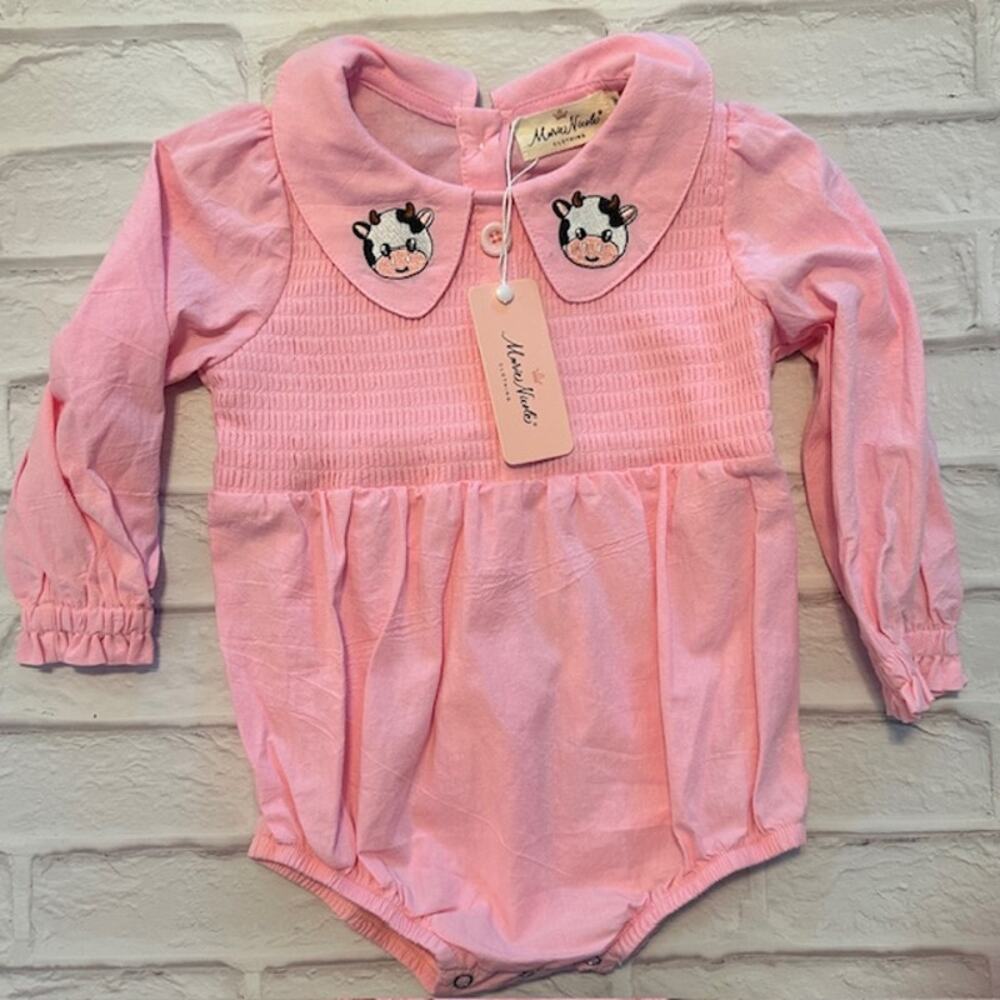 Baby Girl12-18 M Pink Collared Lightweight Cow Long Sleeve One-Piece 100% Cotton